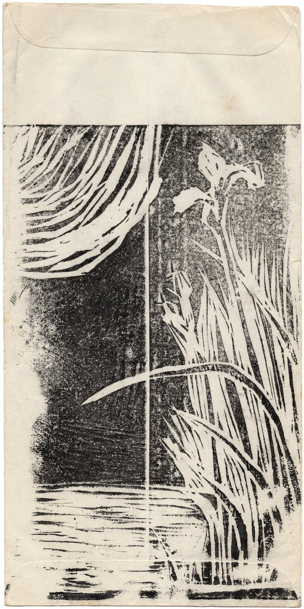 Linocut by Mom, on a love letter envelope sent to Dad before I was born