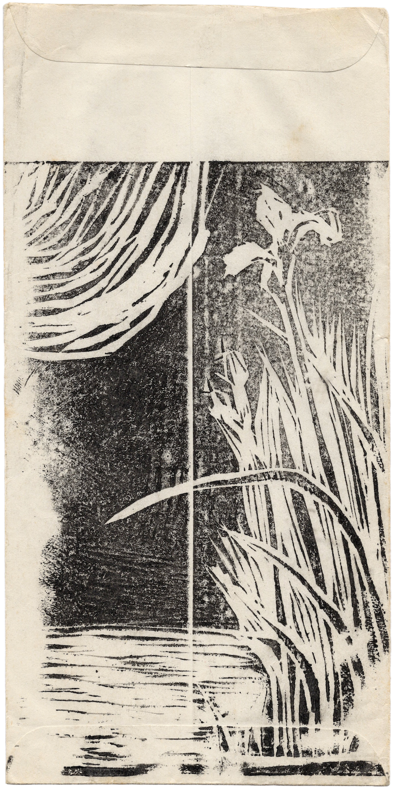 Linocut by Mom, on a love letter envelope sent to Dad before I was born